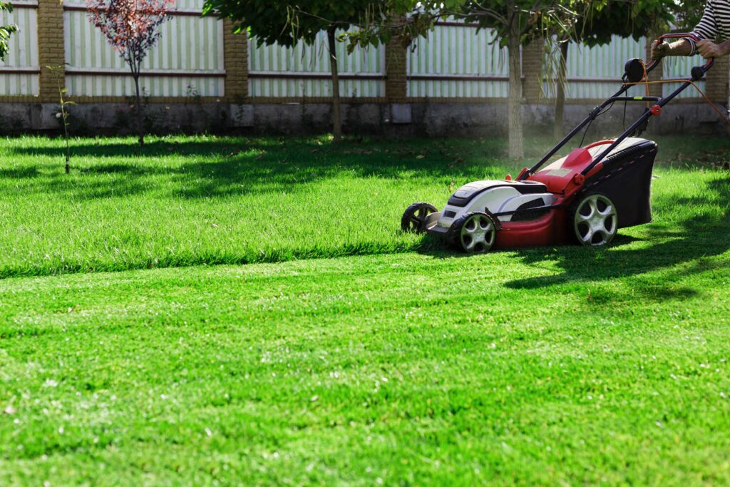 red lawnmower cutting grass with a fence in the background in Savannah Georgia